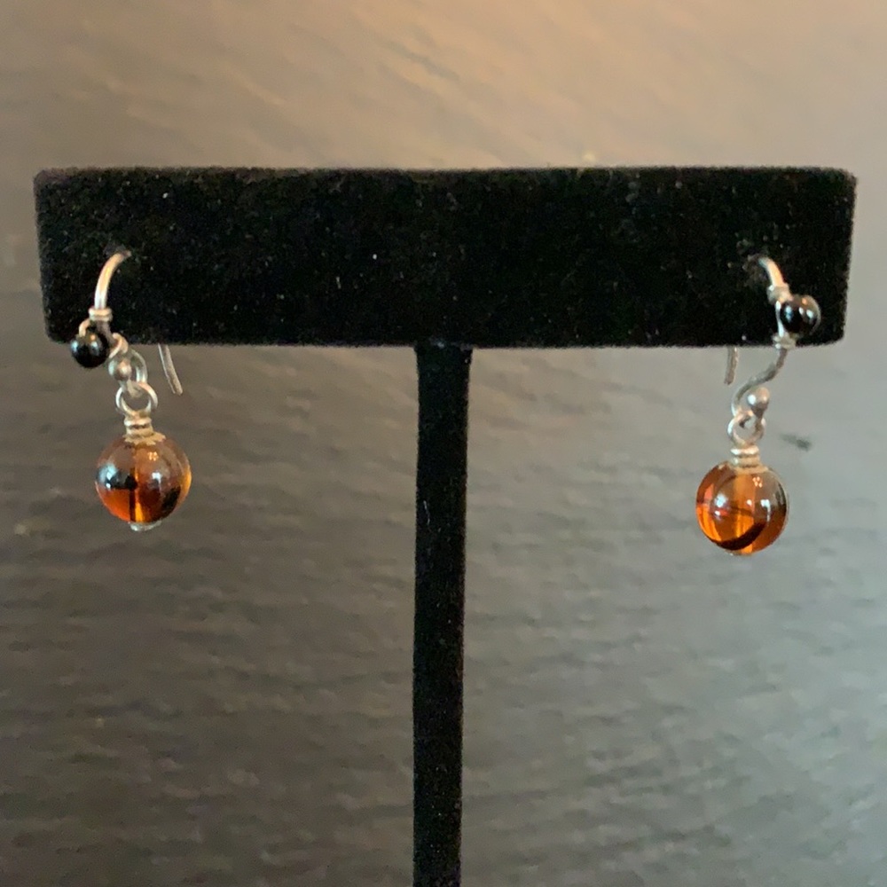 Faux Amber and Black bead silver drop earrings